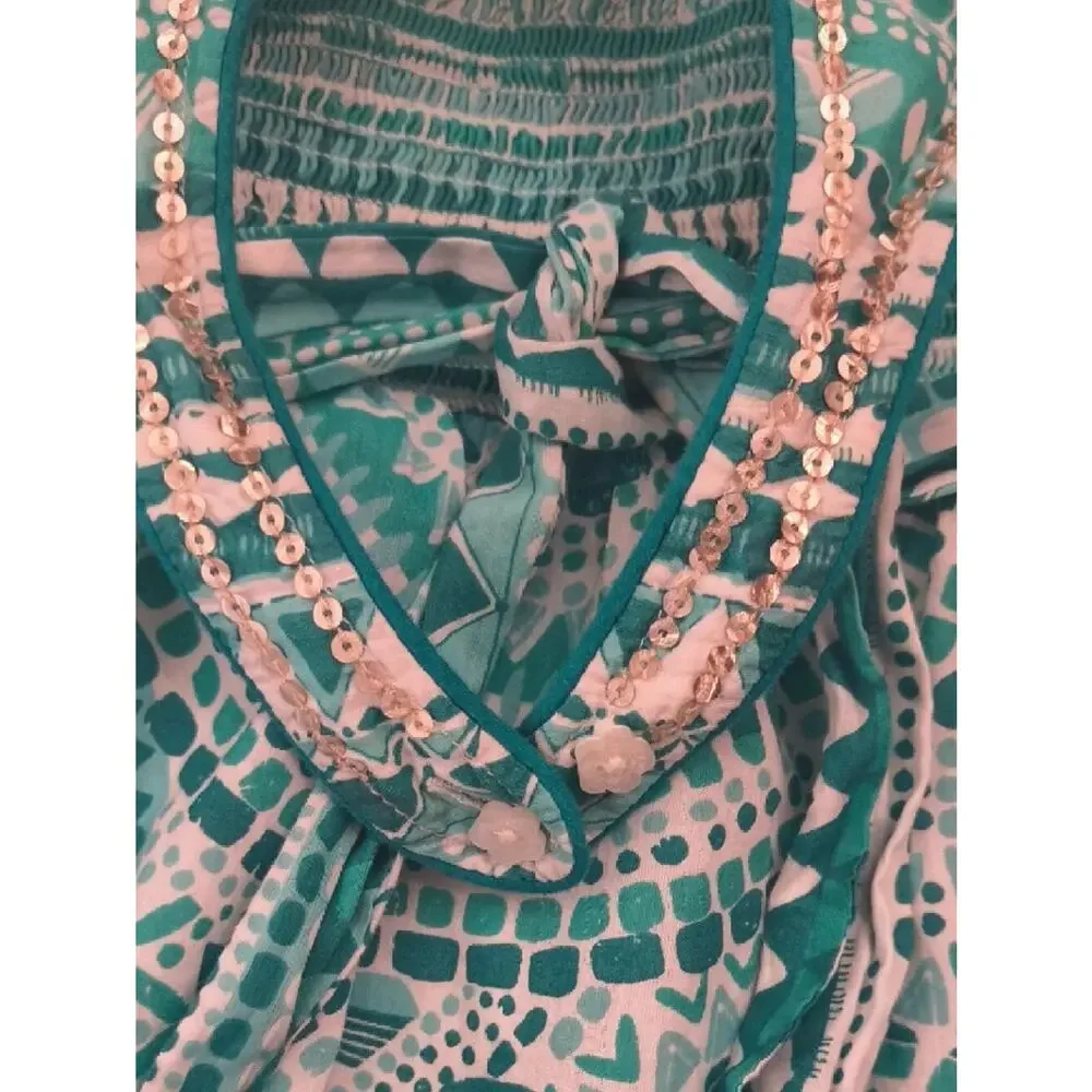Monsoon Teal & White Sequin Halter Print Dress Size 8 GU